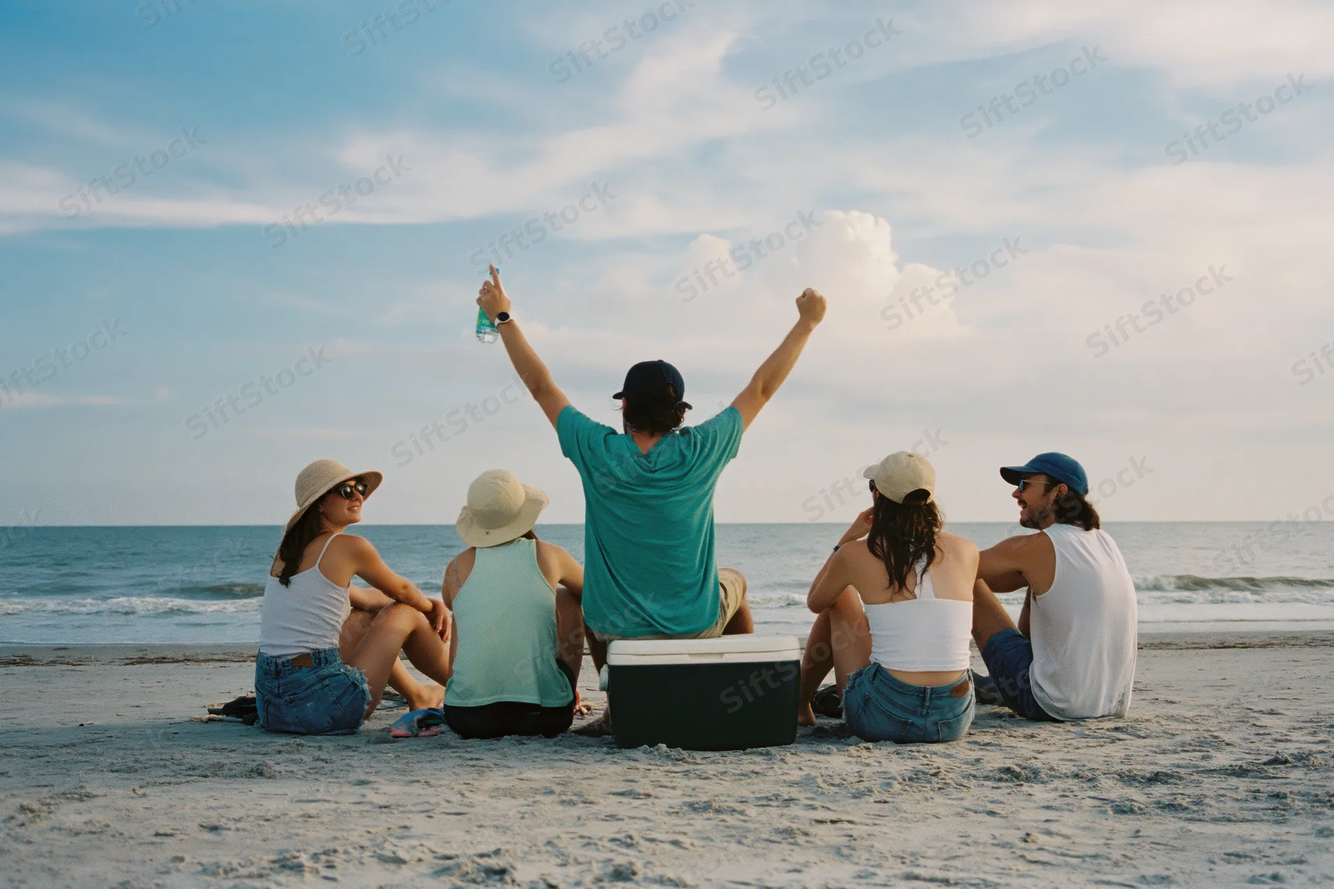 Four young friends sitting on sandy beach with cooler between them, facing ocean, one raising arms and bottle in celebration