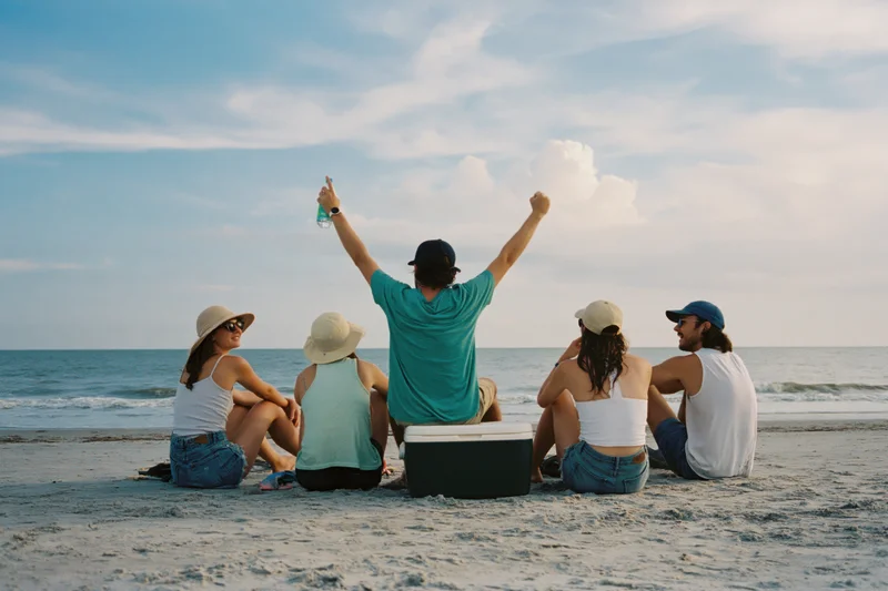 Four young friends sitting on sandy beach with cooler between them, facing ocean, one raising arms and bottle in celebration