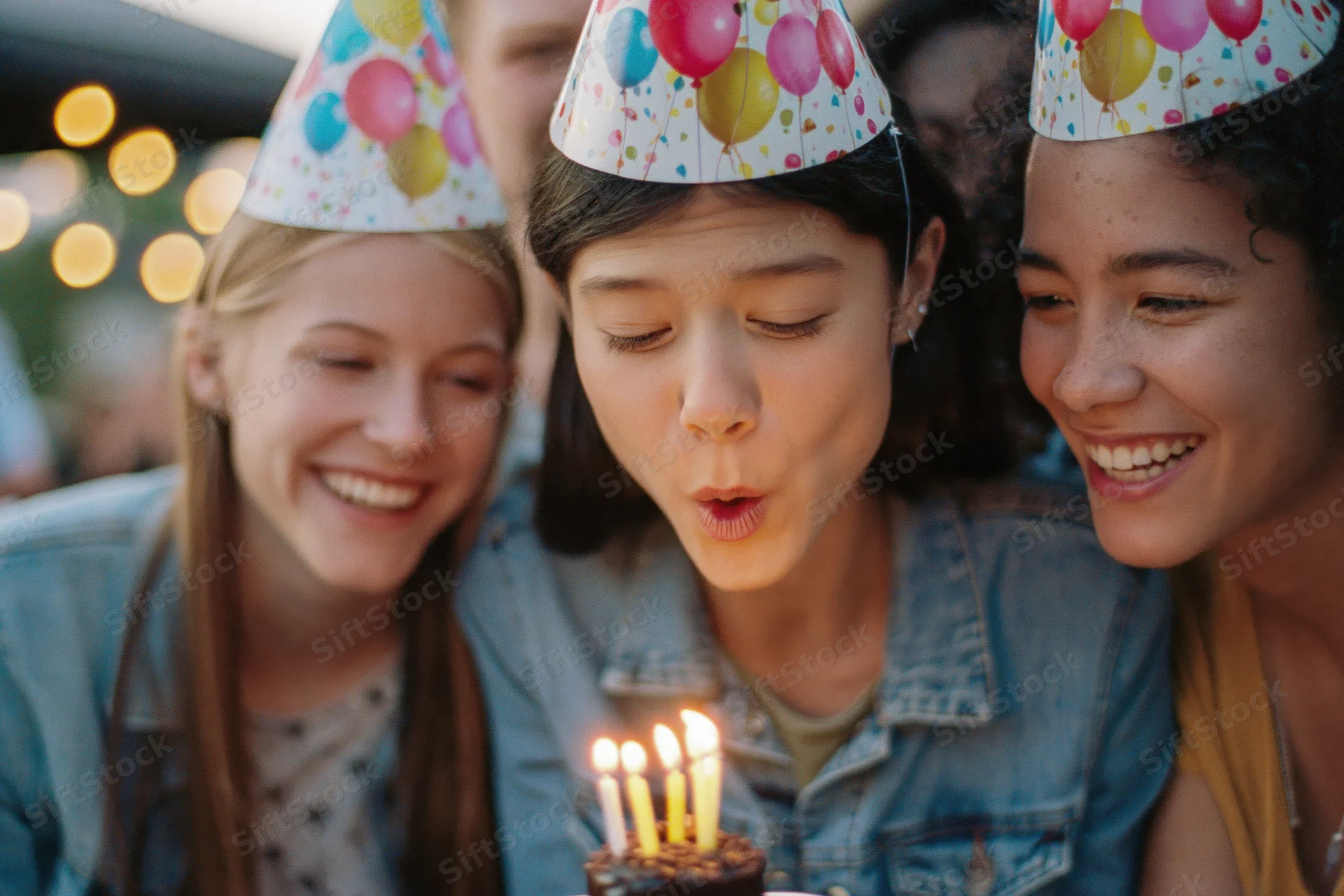Three women celebrating birthday outdoors, one blowing candles on cake while friends smile beside her