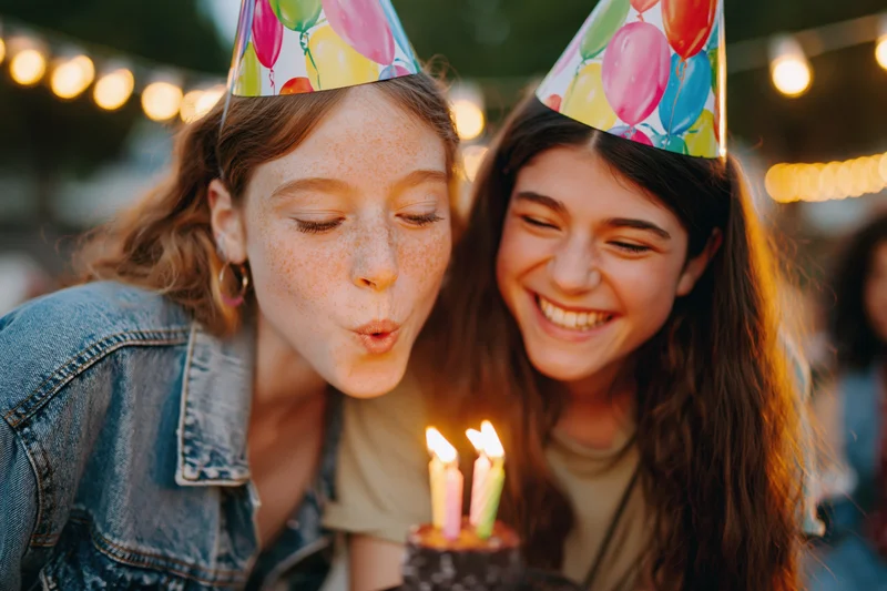 Two women blowing out candles on a birthday cake at an outdoor party with string lights