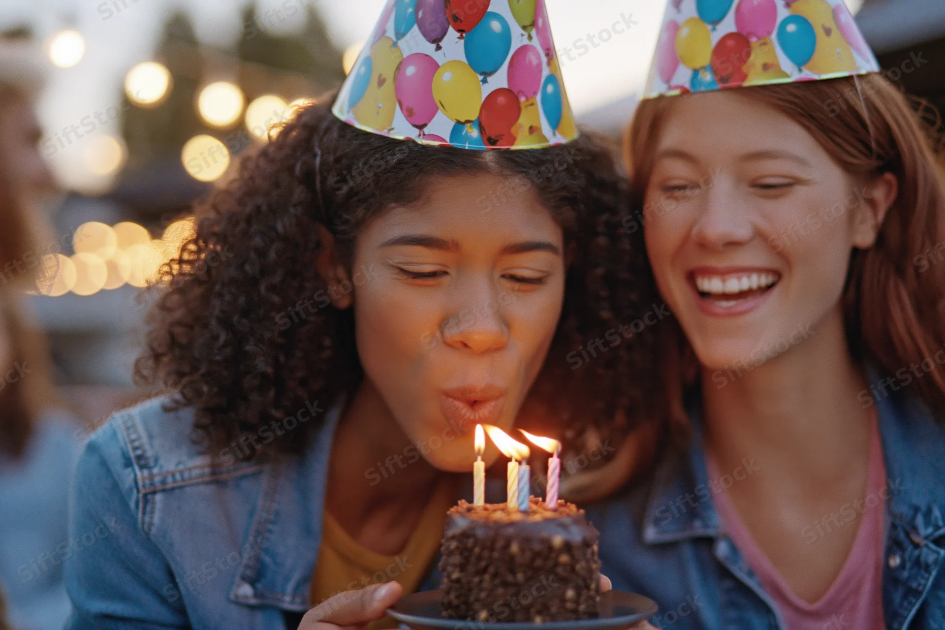 Woman blowing candles on birthday cake at outdoor party with friend smiling beside her