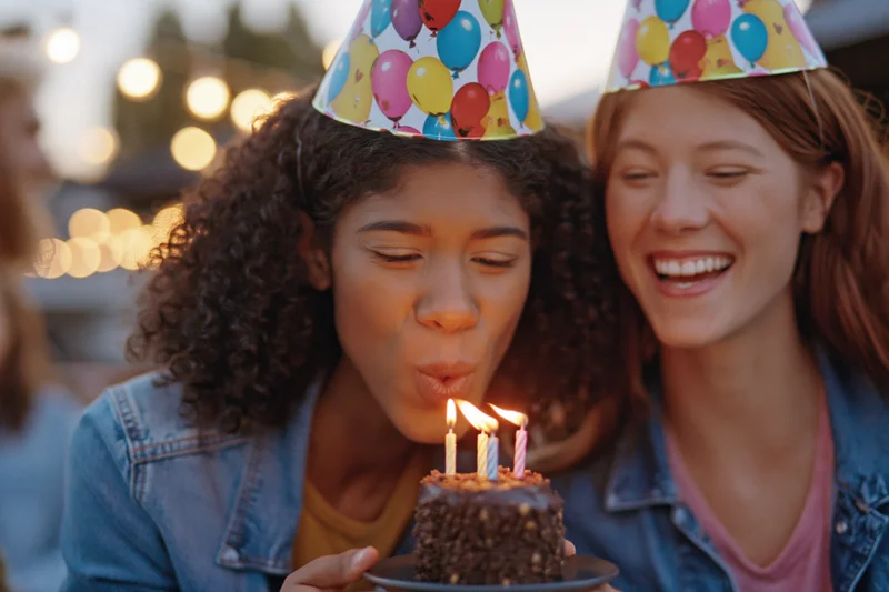Woman blowing candles on birthday cake at outdoor party with friend smiling beside her