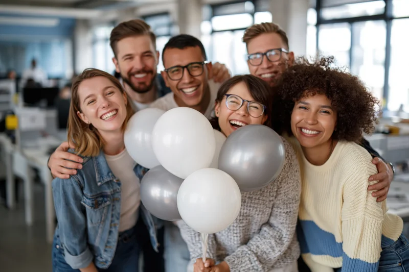 Six young coworkers laughing and hugging together in an office with balloons