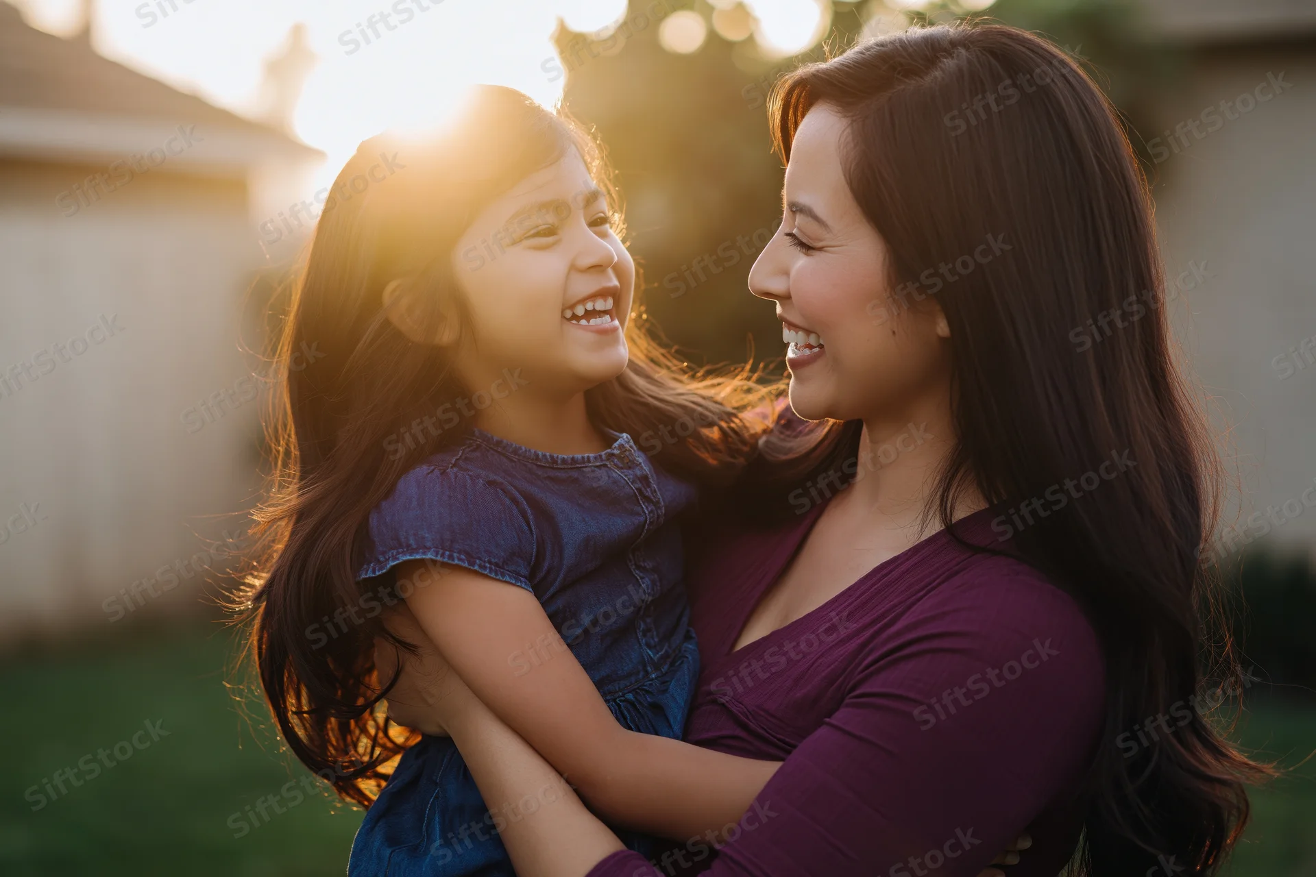 Mother holding her young daughter in a warm hug outdoors at sunset