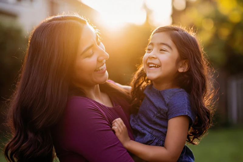 Mother holding her laughing daughter in a sunlit backyard