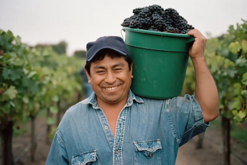 Man smiling while carrying a green bucket of grapes on his shoulder in a vineyard