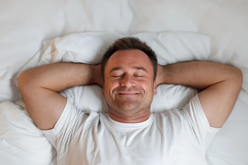 Man lying in bed with hands behind his head smiling, eyes closed, white bedding, overhead view