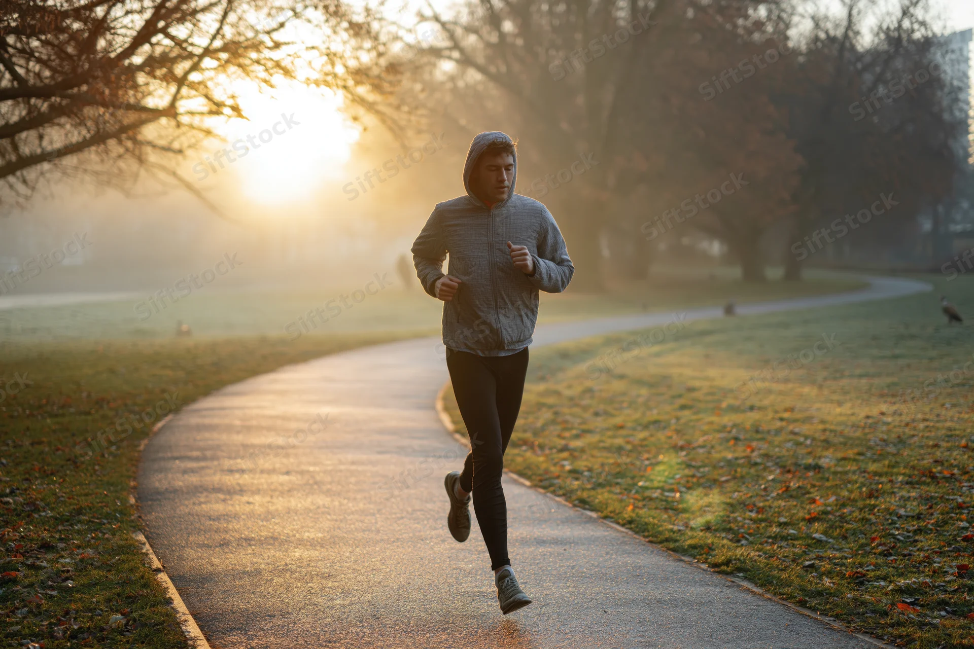 Man jogging mid-stride on a paved park path at sunrise