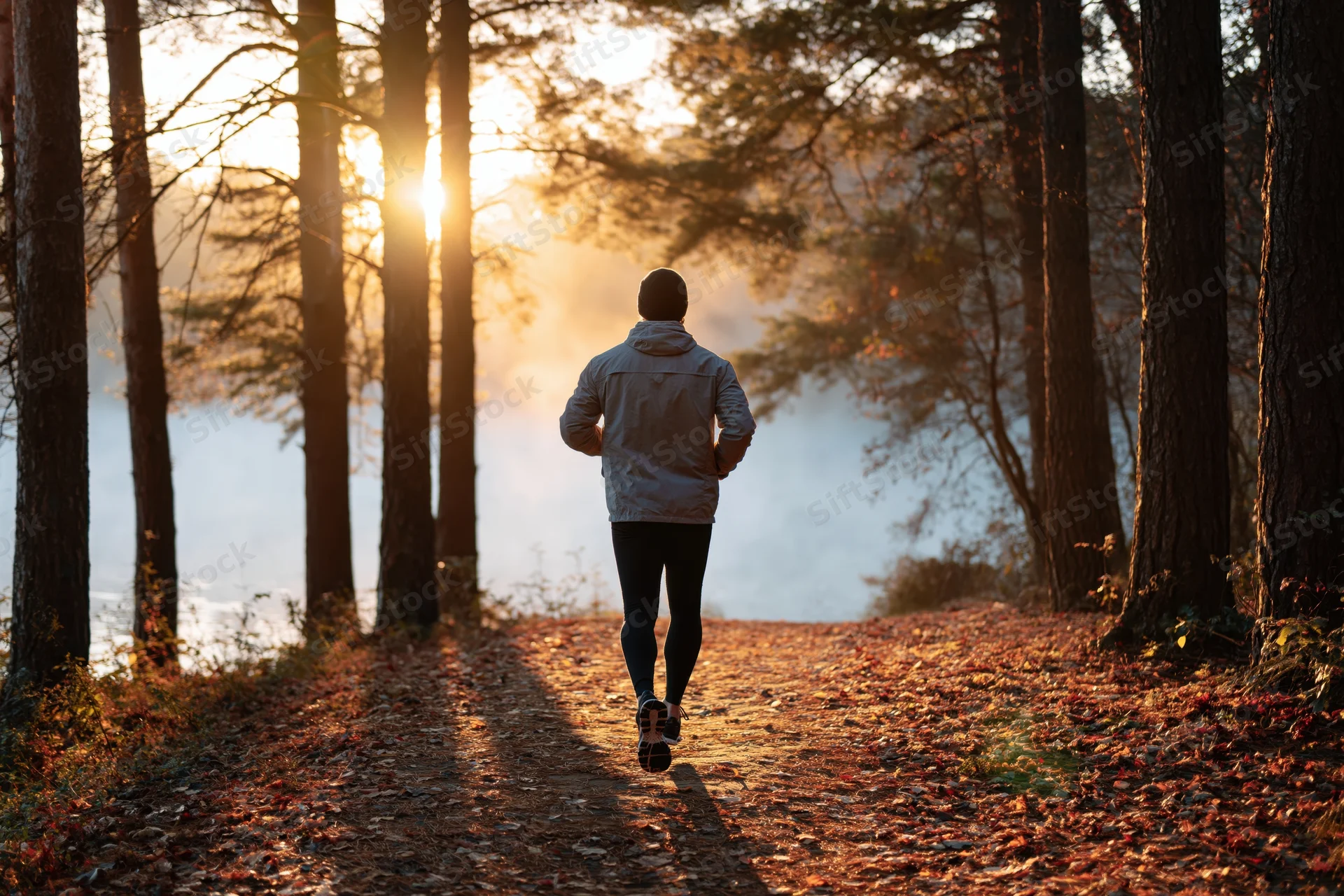 Man jogging away from camera along a leaf-strewn path through forest at sunrise