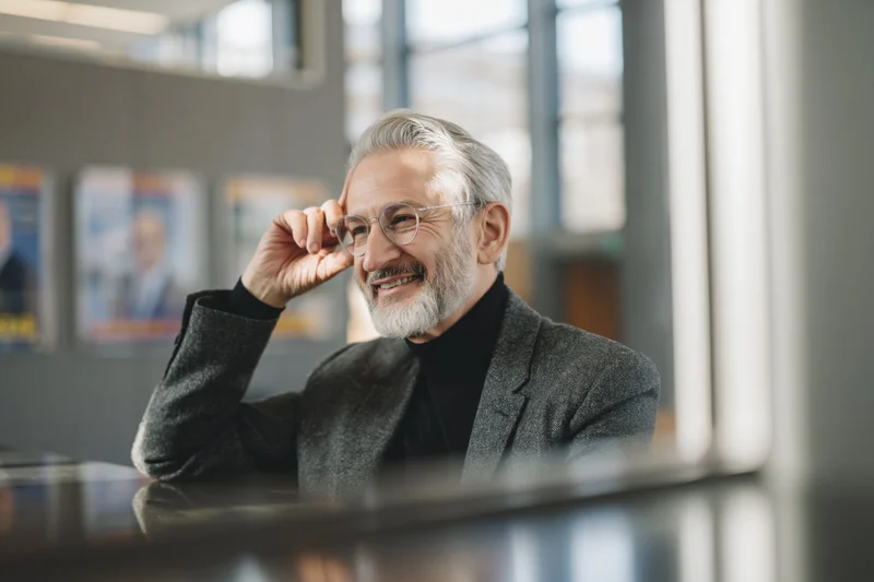 Senior businessman smiling while adjusting glasses at a reflective desk in a modern office