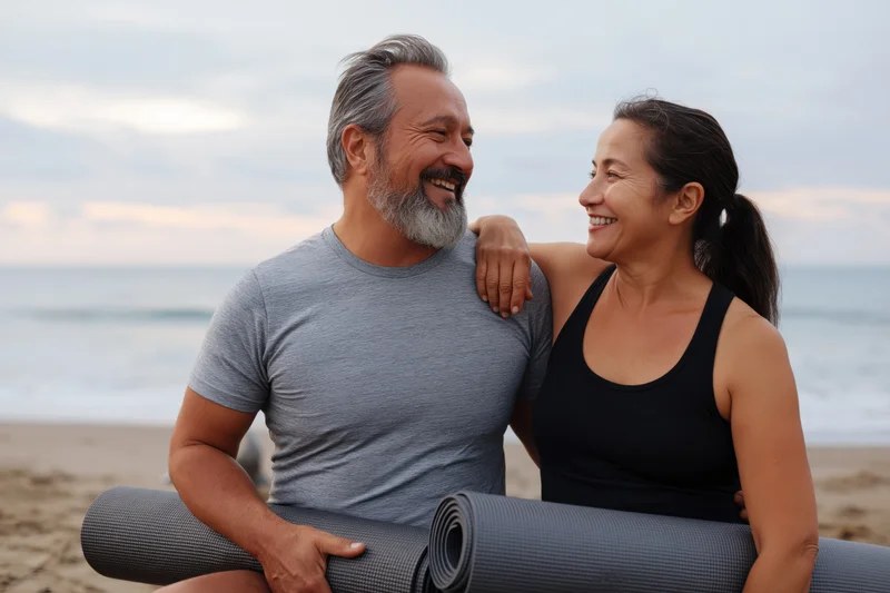 Mature couple smiling at each other on beach holding rolled yoga mats