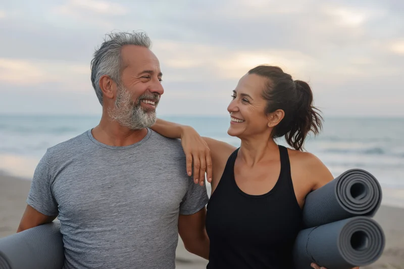 Mature couple smiling at each other on beach holding rolled yoga mats
