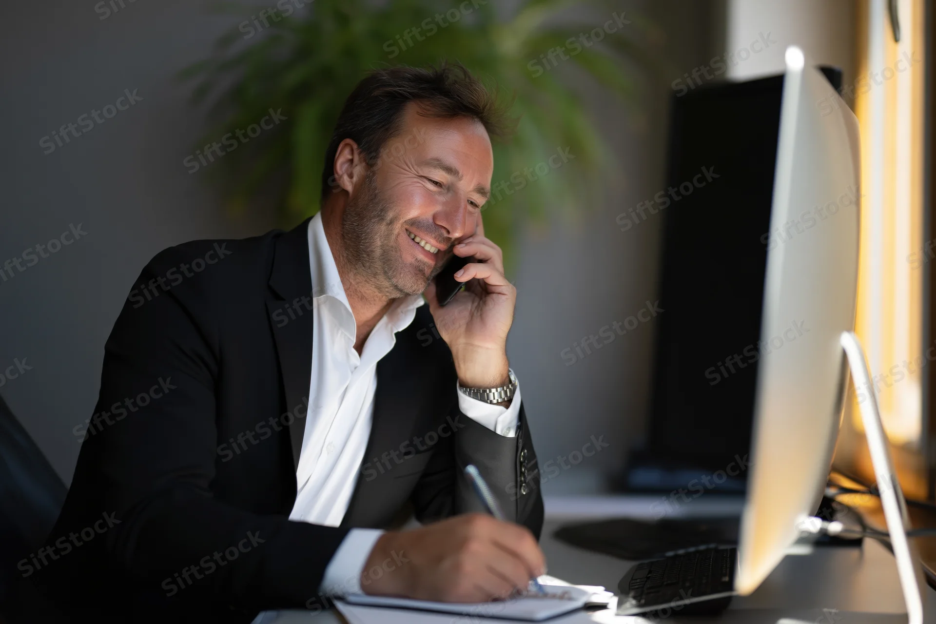Middle-aged businessman smiling while talking on smartphone at office desk