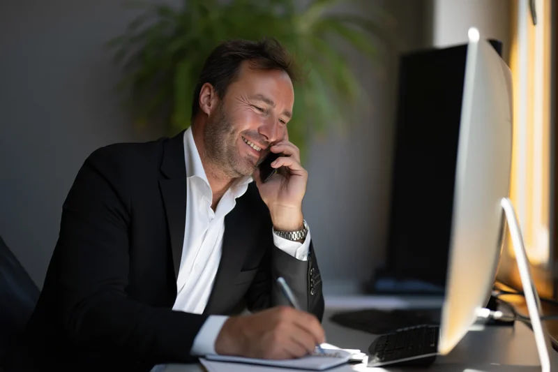 Middle-aged businessman smiling while talking on smartphone at office desk