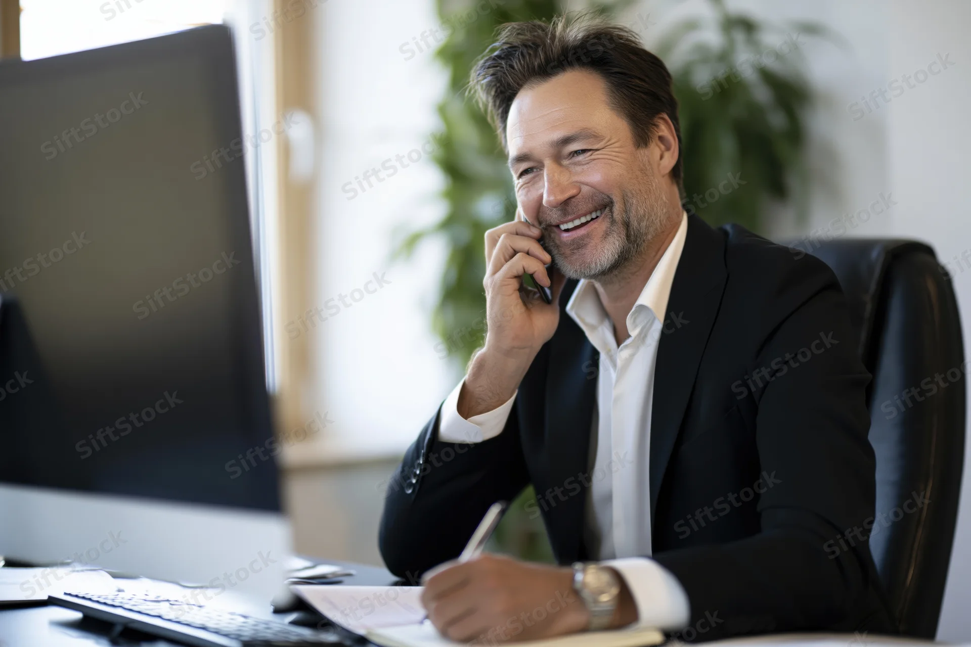 Middle-aged businessman smiling while talking on smartphone at office desk