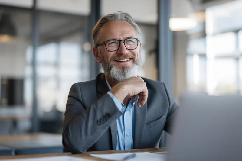 Middle-aged businessman with grey beard and glasses smiling while sitting at desk in modern office