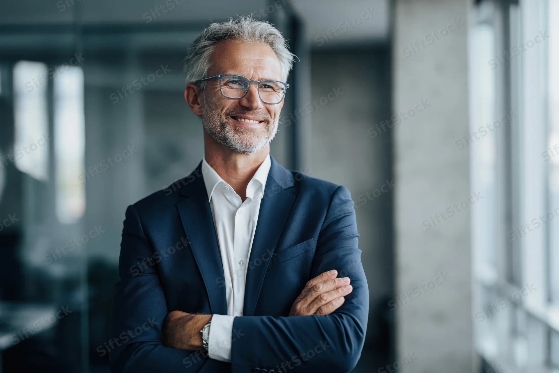 Middle-aged businessman in suit with arms crossed smiling in modern office interior