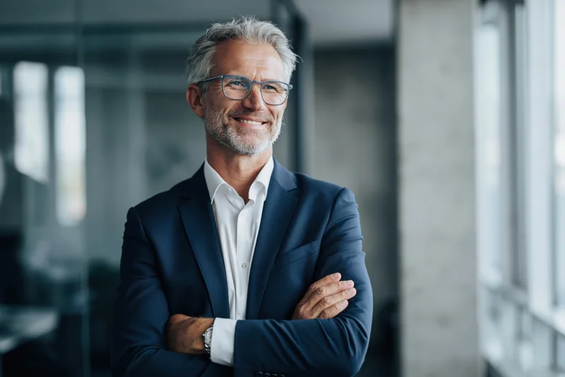 Middle-aged businessman in suit with arms crossed smiling in modern office interior