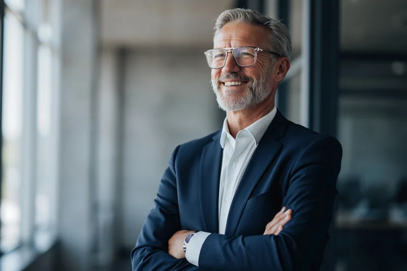 Middle-aged businessman smiling with arms crossed in modern office interior
