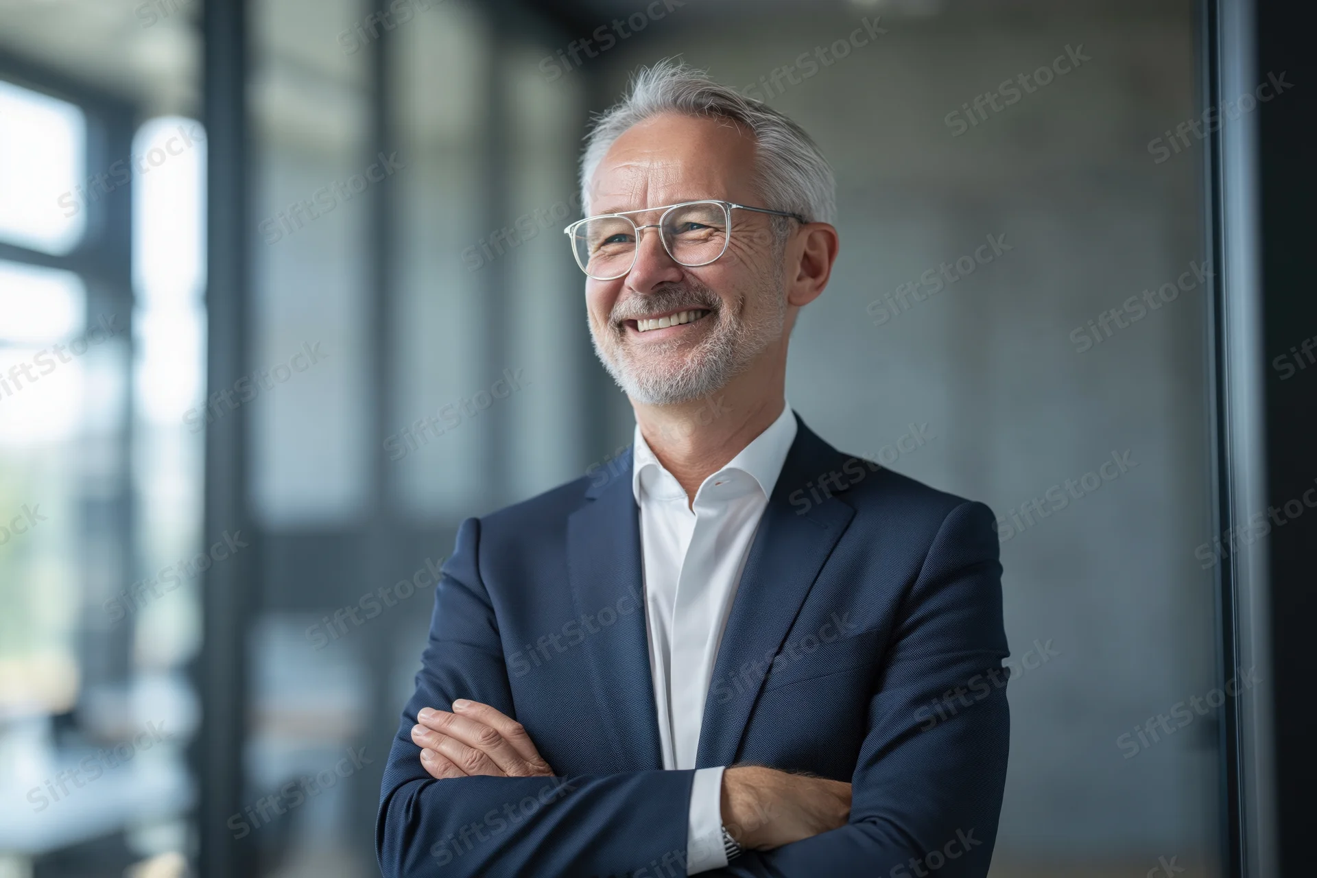 Middle-aged businessman smiling with arms crossed in modern office interior