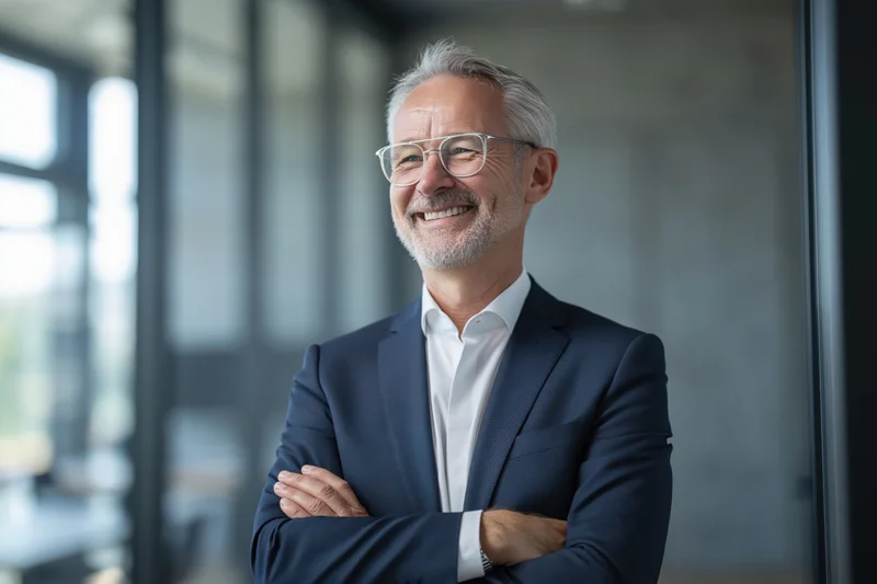 Middle-aged businessman smiling with arms crossed in modern office interior