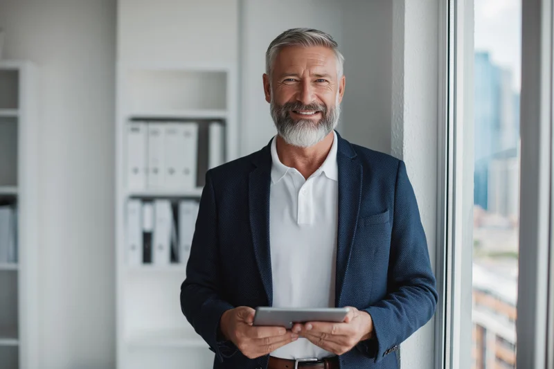 Middle-aged businessman smiling while holding tablet by office window