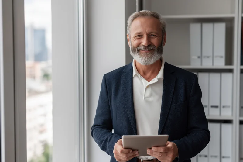 Middle-aged businessman smiling while holding tablet in modern office near window
