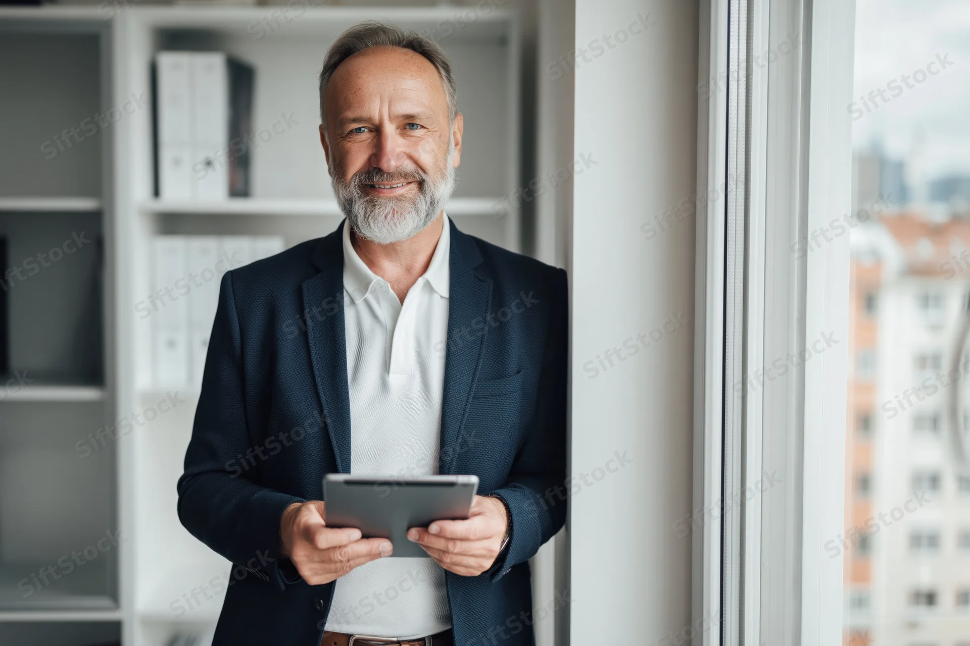 Middle-aged businessman smiling while holding tablet by office window