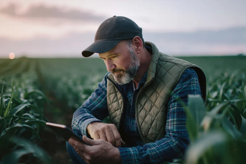 Middle-aged farmer crouching in a young corn field examining crop with smartphone