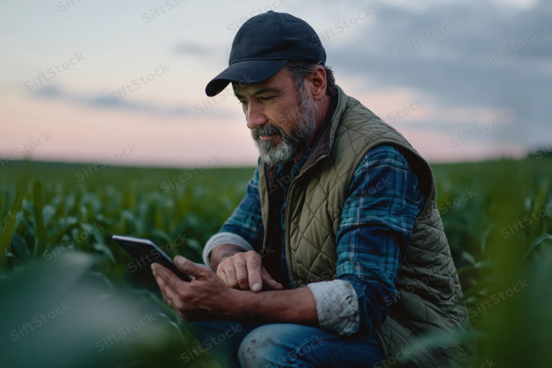 Middle-aged farmer crouching in a young corn field examining a tablet