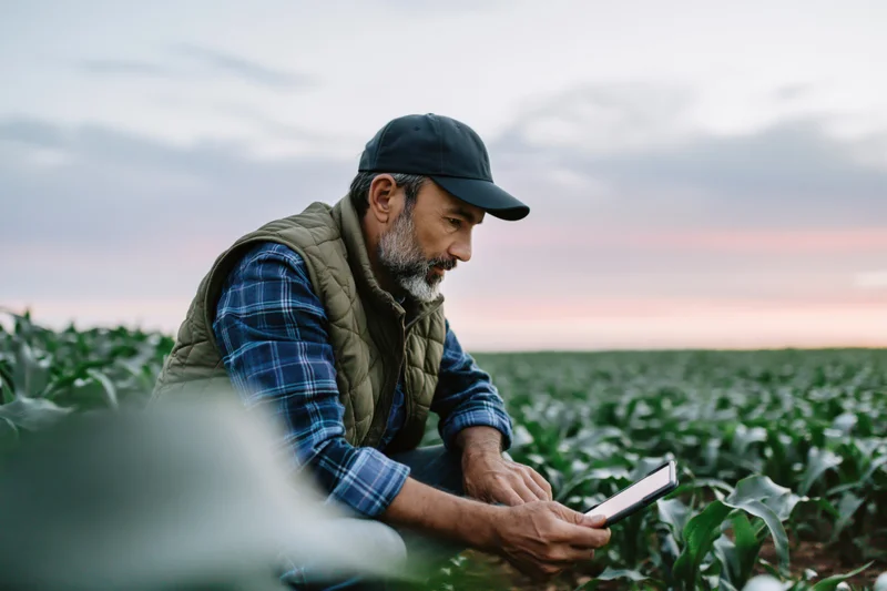 Middle-aged farmer crouching in a young corn field examining crop with smartphone