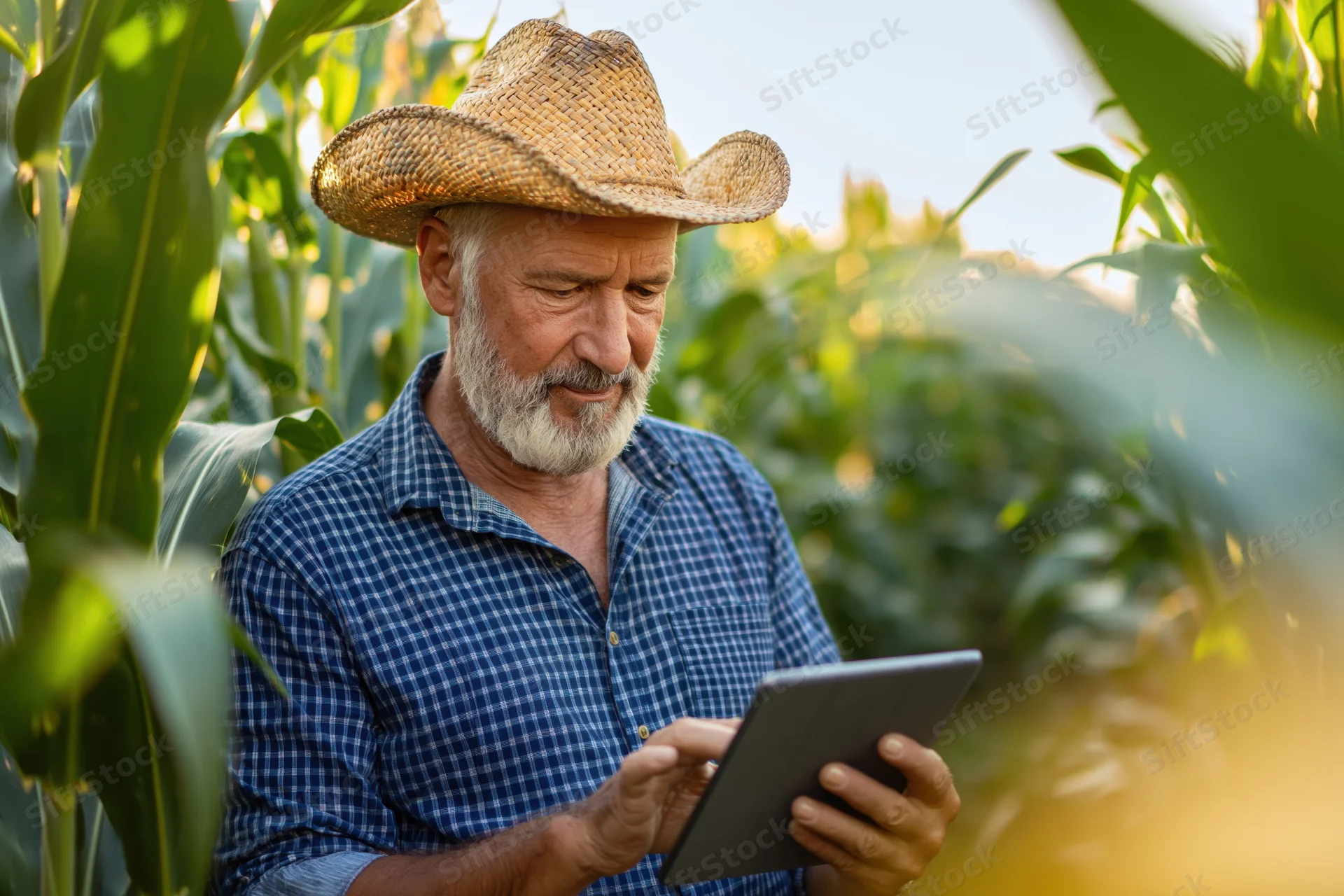 Senior farmer checking tablet in cornfield during daytime
