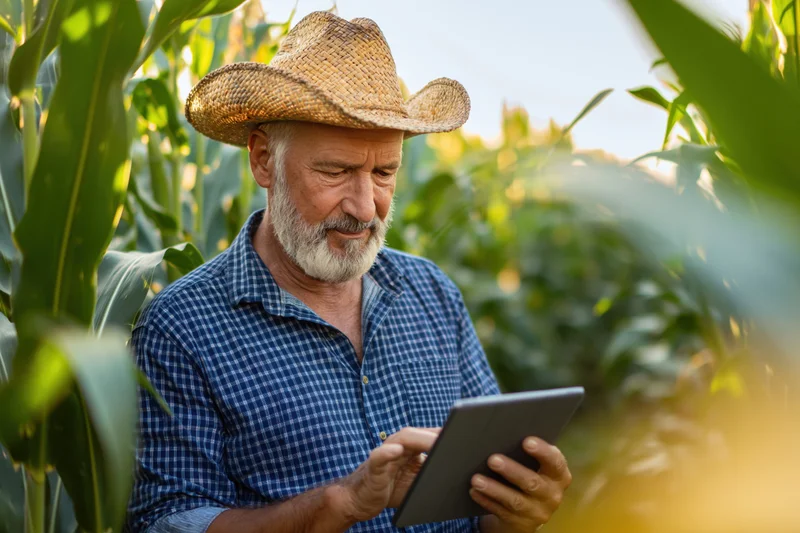 Senior farmer checking tablet in cornfield during daytime