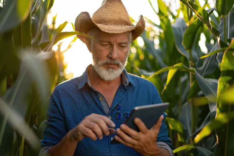 Senior farmer using tablet for crop inspection in cornfield