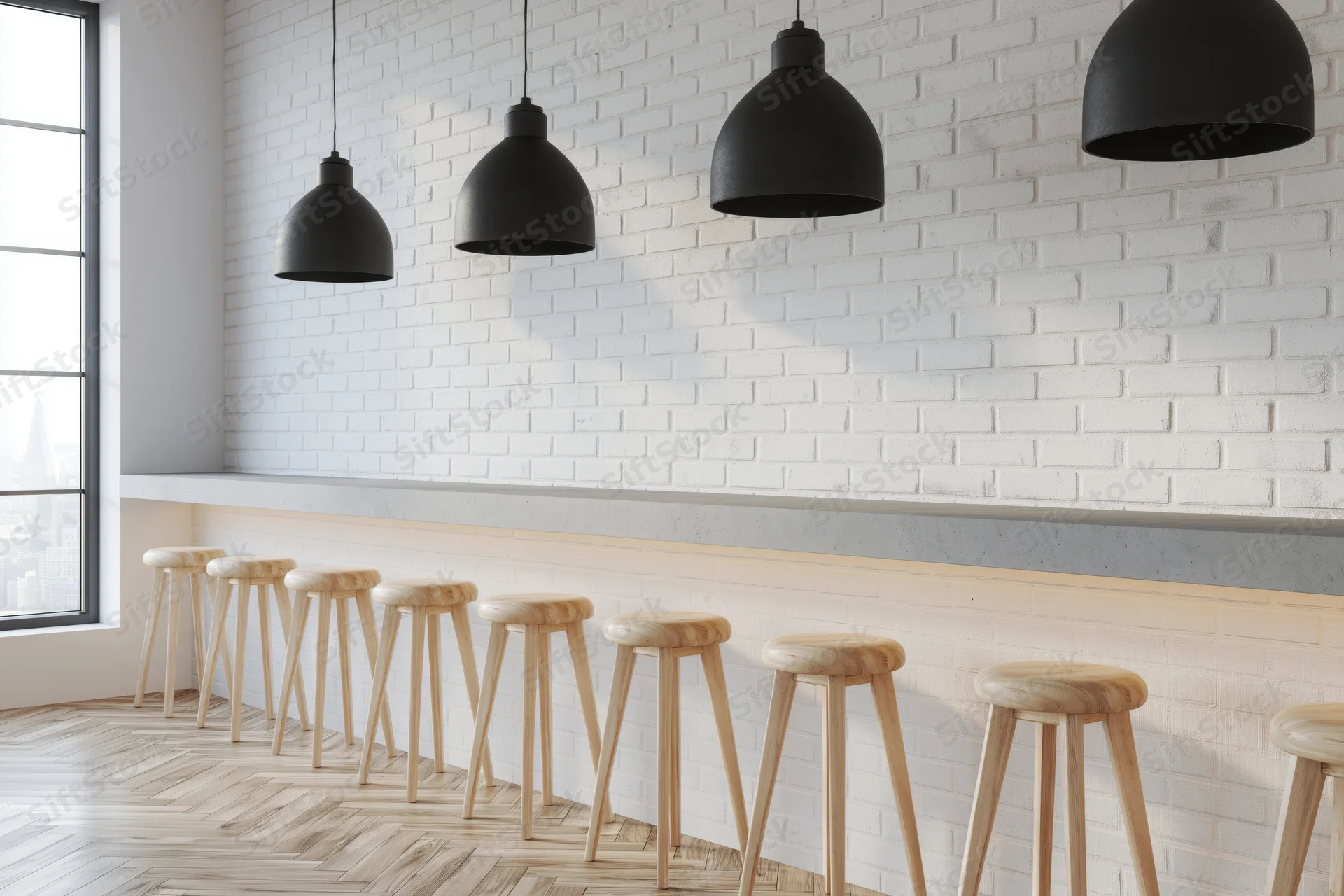 Modern minimalist bar interior with white brick walls, wooden stools, black pendant lights, and concrete counter