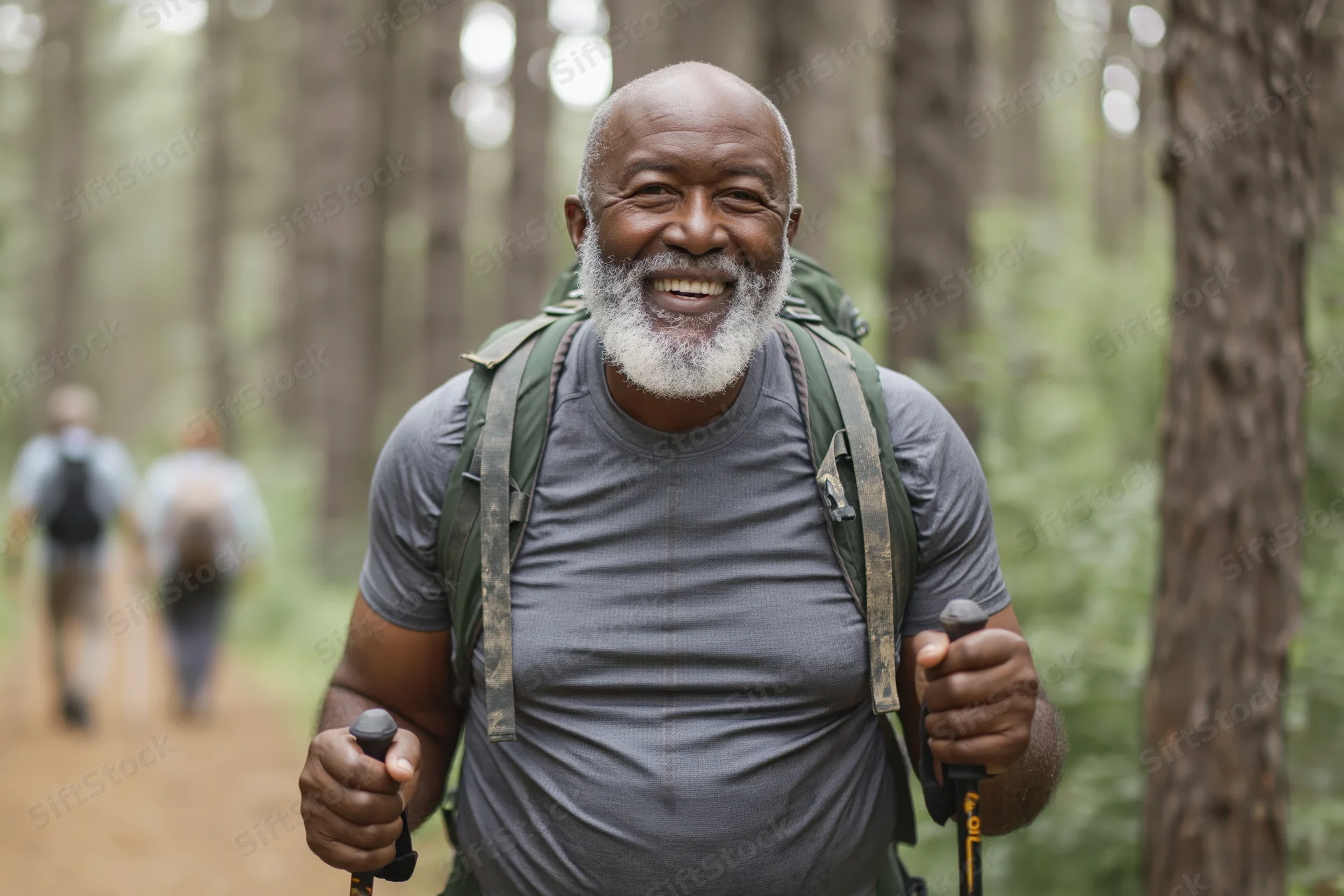 Senior black man smiling while hiking on a forest trail with backpack and trekking poles