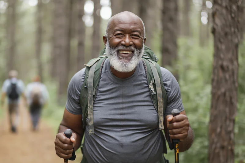 Senior black man smiling while hiking on a forest trail with backpack and trekking poles