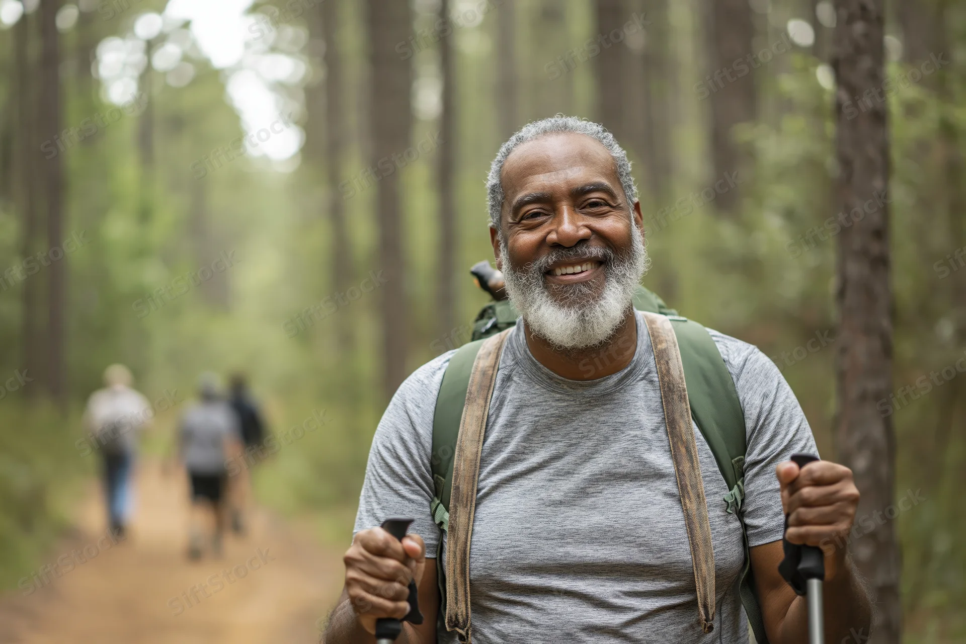 Smiling senior black man hiking on forest trail with backpack and trekking poles, group behind on path