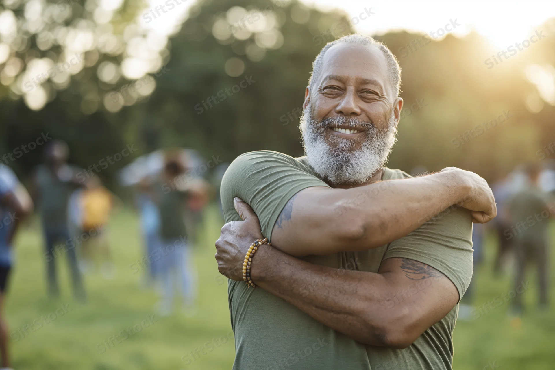Senior black man smiling while stretching his arm in a park at sunset