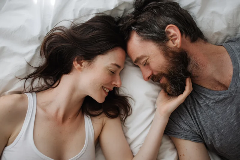 Young couple lying face to face in bed, smiling and touching, surrounded by white sheets and pillows