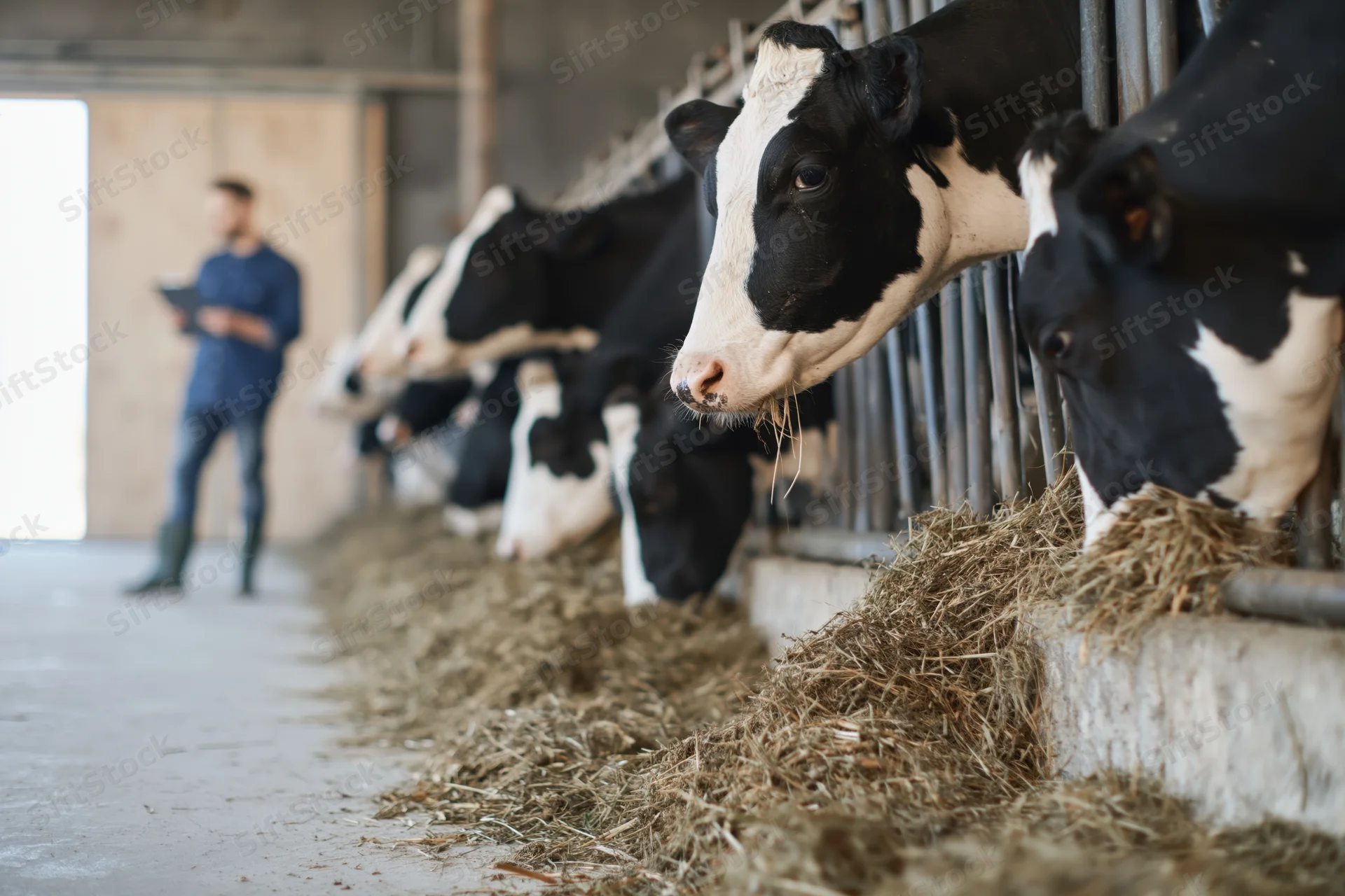 Row of holstein cows feeding on hay in a barn with a farmer observing in the background