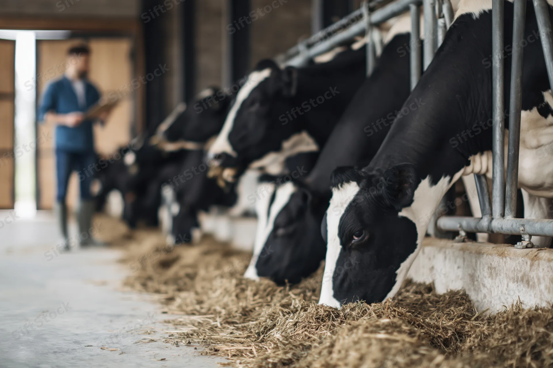 Row of holstein cows feeding on hay in barn with farmer observing in background
