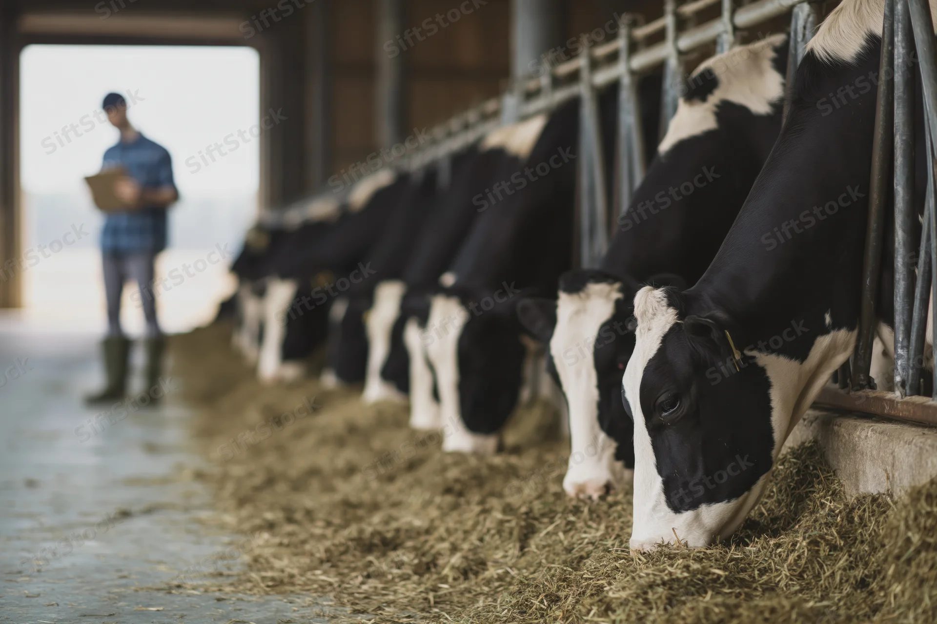 Row of holstein cows feeding on hay in barn with farmer observing in background