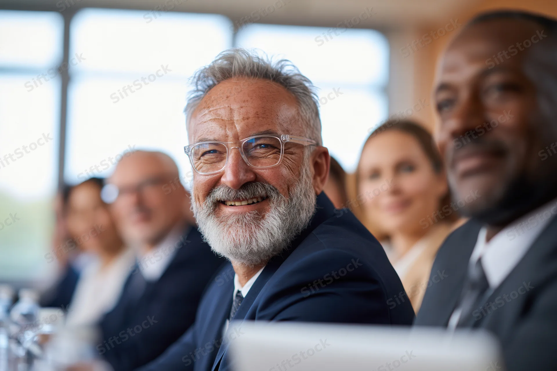 Smiling senior businessman in suit and glasses seated at conference table with colleagues in office meeting