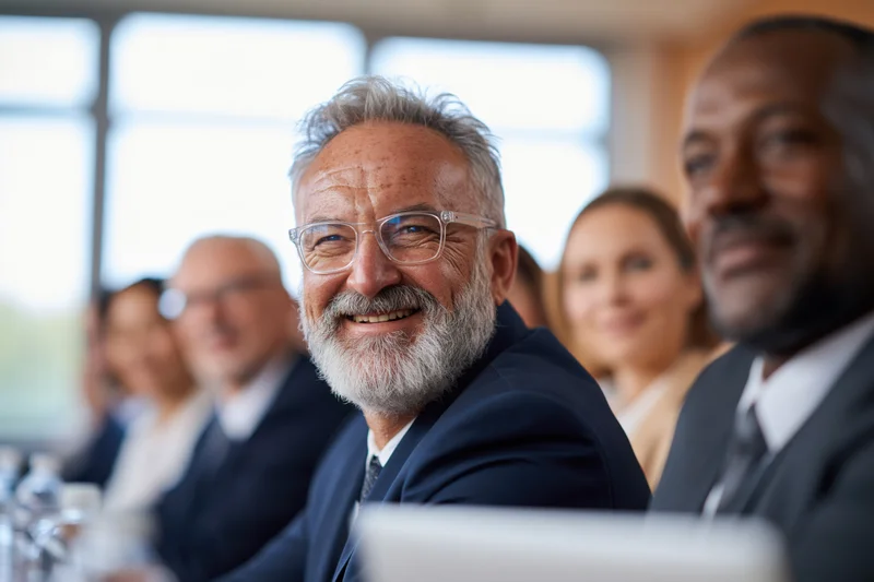 Smiling senior businessman in suit and glasses seated at conference table with colleagues in office meeting