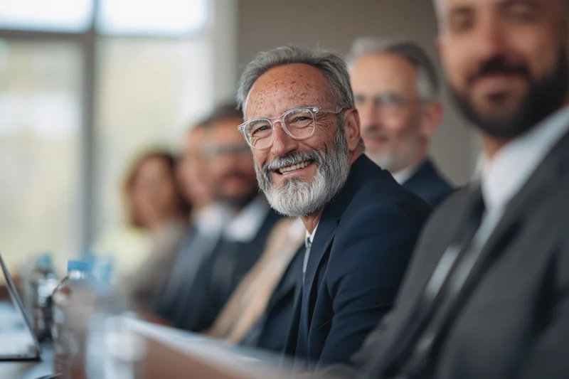 Senior business professionals seated at a conference table during a meeting, smiling and engaged in discussion