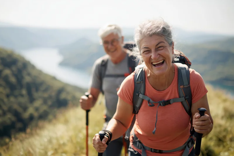 Senior woman laughing while hiking with trekking poles on a grassy hill, man following behind