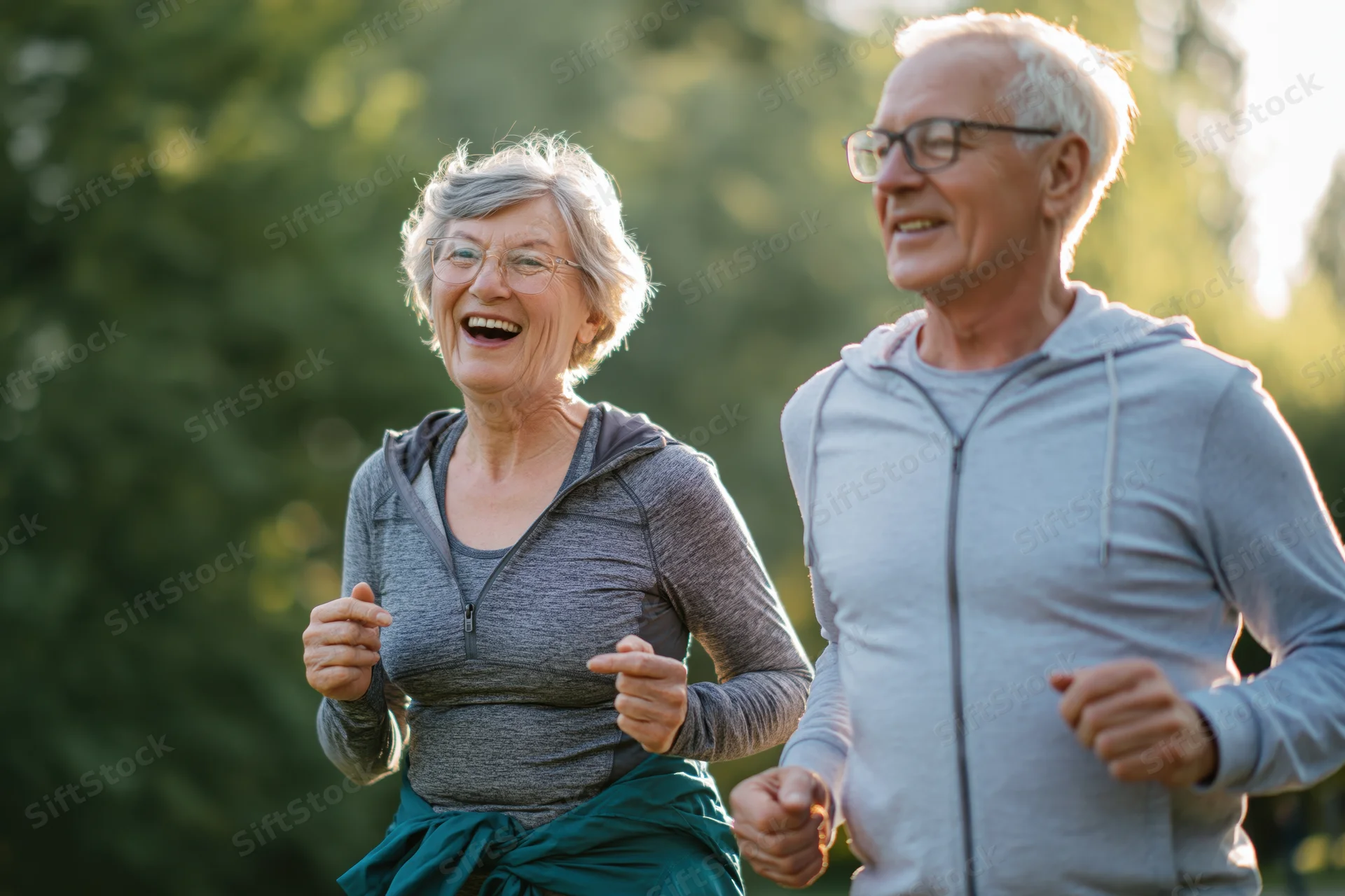 Senior couple jogging together in a park midstride smiling and laughing