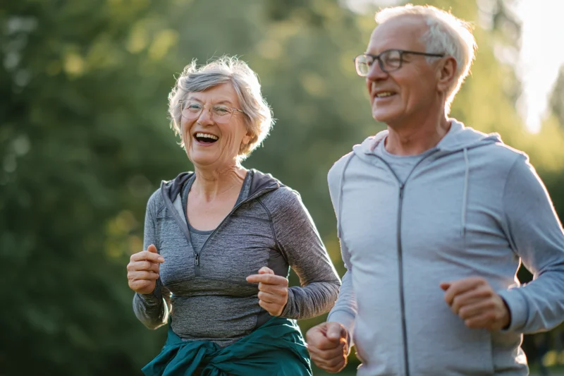 Senior couple jogging together in a park midstride smiling and laughing