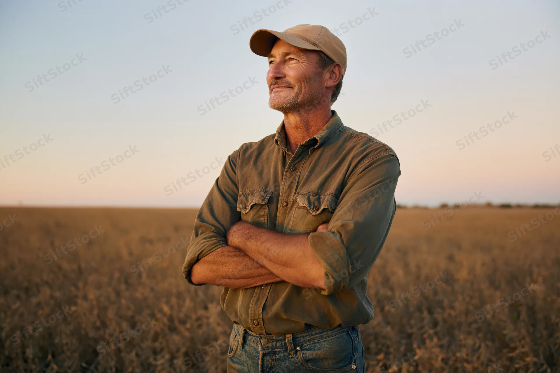 Senior farmer standing with arms crossed in a soybean field at sunset